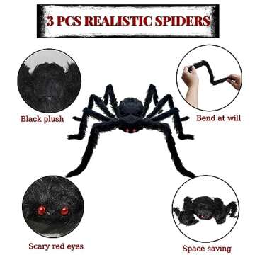 ZMCINER Large Halloween Spiders for Outside, Big Spider Halloween Decorations Realistic Scary Hairy Spiders Halloween Decorations Outdoor (59", 49", 35")