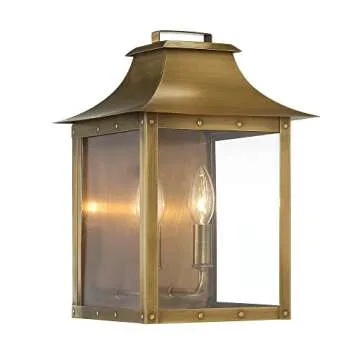 Acclaim Lighting 8414AB | Vintage Solid Brass Two Light Dimmable Wall Mounted Outdoor Wet Rated Lantern with Clear Glass | Hand Crafted Classic Colonial America Design (Aged Brass - Style Four)