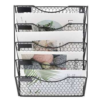 EASEPRES Mail Organizer Wall Mount, 5 Tier Metal Chicken Wire Hanging File Holder Office Storage and...