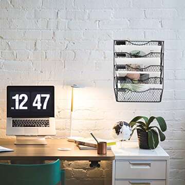 EASEPRES Mail Organizer Wall Mount, 5 Tier Metal Chicken Wire Hanging File Holder Office Storage and Organization