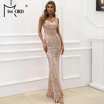 Miss ord Women's Formal Rhinestone Sheer Cutout Sequin Prom Dress, Button Back Mermaid Sleeveless Evening Maxi Gown Gold