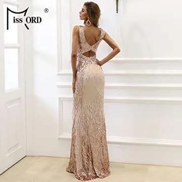 Miss ord Women's Formal Rhinestone Sheer Cutout Sequin Prom Dress, Button Back Mermaid Sleeveless Evening Maxi Gown Gold
