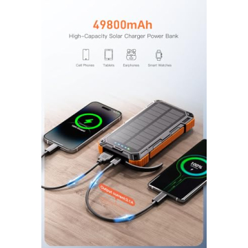 Solar Power Bank 49800mAh Wireless Portable Charger with USB-C 15W Fast Charging with 4 Built-in Cab...