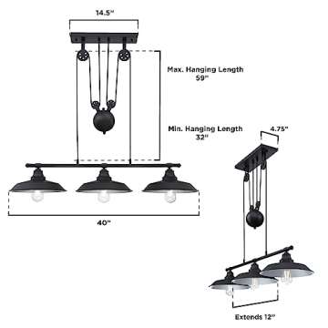 Westinghouse 6332500 Iron Hill Three-Light Indoor Island Pulley Pendant, Finish with Highlights and Metallic Interior, 3, Oil Rubbed Bronze/Bronze