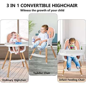 Kinder King Wooden Baby High Chair, 3 in 1 Convertible Highchair, Infant Feeding Chair-Toddler Chair...