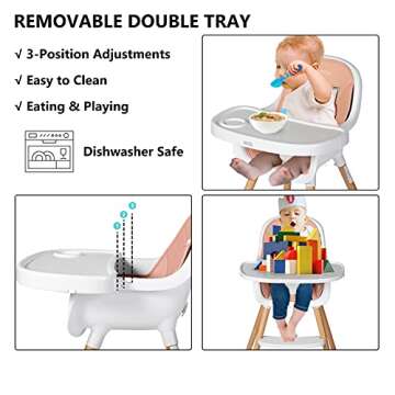 Kinder King Wooden Baby High Chair, 3 in 1 Convertible Highchair, Infant Feeding Chair-Toddler Chair, Adjustable Legs, Double Removable Tray, Detachable Footrest & PU Cushion, 5-Point Harness, Pink