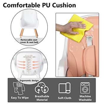 Kinder King Wooden Baby High Chair, 3 in 1 Convertible Highchair, Infant Feeding Chair-Toddler Chair, Adjustable Legs, Double Removable Tray, Detachable Footrest & PU Cushion, 5-Point Harness, Pink