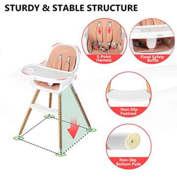 Kinder King Wooden Baby High Chair, 3 in 1 Convertible Highchair, Infant Feeding Chair-Toddler Chair, Adjustable Legs, Double Removable Tray, Detachable Footrest & PU Cushion, 5-Point Harness, Pink