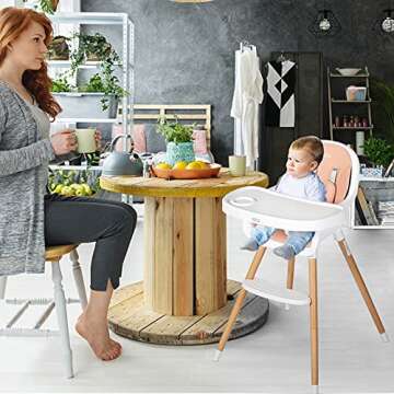Kinder King Wooden Baby High Chair, 3 in 1 Convertible Highchair, Infant Feeding Chair-Toddler Chair, Adjustable Legs, Double Removable Tray, Detachable Footrest & PU Cushion, 5-Point Harness, Pink