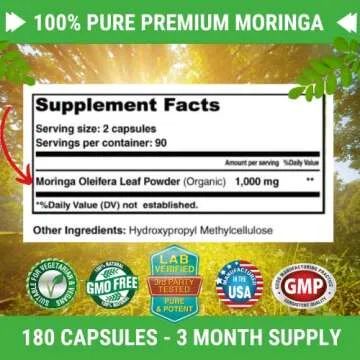 FRESH HEALTHCARE Moringa Oleifera 180 Capsules – 100% Pure Leaf Powder - 3 Month Supply - Non GMO and Gluten Free - Complete Green Superfood Supplement - Energy, Metabolism and Immune Support