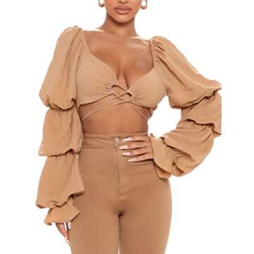Trendy Remidoo Puff Sleeve Crop Top for Women Khaki