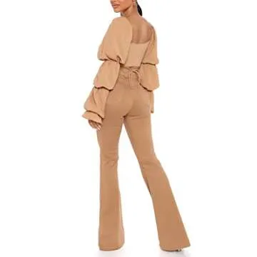 Trendy Remidoo Puff Sleeve Crop Top for Women Khaki