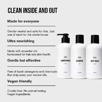 Public Goods Shower Essentials for Men and Women | Natural Shampoo, Conditioner & Body Wash | Made with Organic Essential Oils | Sulfate & Paraben Free | Vegan Friendly | 12 Fl Oz Bottles