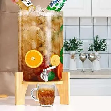 Glass Drink Dispenser with Stand,2.1 Gallons Wood Stand Cold Beverage Dispensers,Glass Beverage Disp...