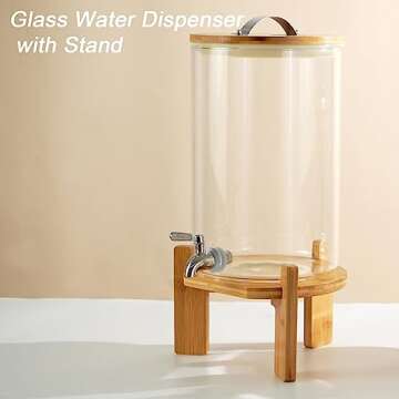 Glass Drink Dispenser with Stand,2.1 Gallons Wood Stand Cold Beverage Dispensers,Glass Beverage Dispenser with Spigot - Large Drink Dispensers for Parties,Bars,Restaurants