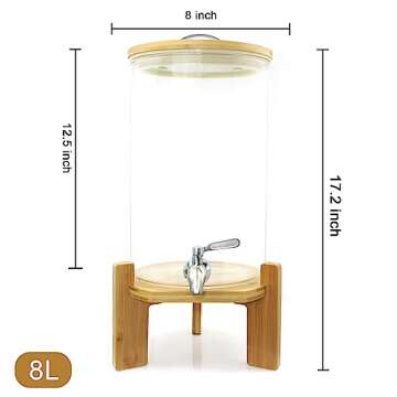 Glass Drink Dispenser with Stand,2.1 Gallons Wood Stand Cold Beverage Dispensers,Glass Beverage Dispenser with Spigot - Large Drink Dispensers for Parties,Bars,Restaurants