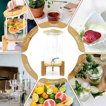 Glass Drink Dispenser with Stand,2.1 Gallons Wood Stand Cold Beverage Dispensers,Glass Beverage Dispenser with Spigot - Large Drink Dispensers for Parties,Bars,Restaurants