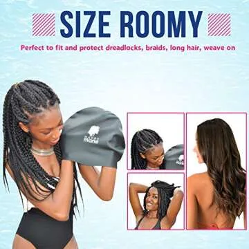 Happy Mane Silicone Swim Cap for Braids and Dreadlocks - Keeps Your Hair Dry While Swimming and Bathing Long Hair, Extensions, and Curly Hair - Large Shower Cap for Women, Men, Kids (Black, Small)
