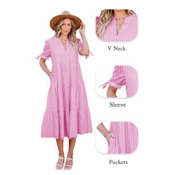 ECOWISH Women Summer Casual Dress - V Neck Short Sleeve Gingham Midi Pleated Tiered Loose Fit Holida...