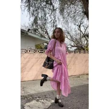 ECOWISH Women Summer Casual Dress - V Neck Short Sleeve Gingham Midi Pleated Tiered Loose Fit Holiday Picnic Dresses Rose Pink Small