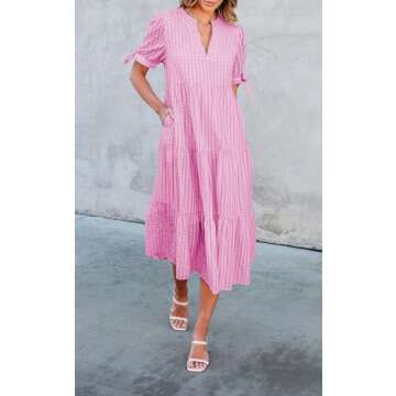 ECOWISH Women Summer Casual Dress - V Neck Short Sleeve Gingham Midi Pleated Tiered Loose Fit Holiday Picnic Dresses Rose Pink Small