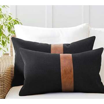 Cygnus Set of 2 Black Linen Patchwork Faux Leather Throw Lumbar Pillow Covers for Couch Living Room ...