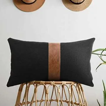 Cygnus Set of 2 Black Linen Patchwork Faux Leather Throw Lumbar Pillow Covers for Couch Living Room Bedroom,Modern Accent Decor Lumbar Covers 12X20 inch, Brown and Black