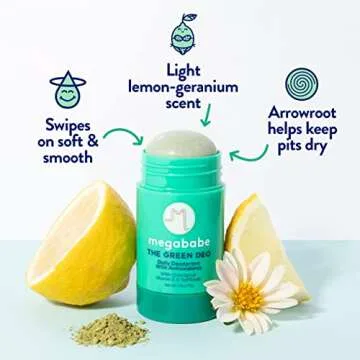 Megababe Daily Deodorant - The Green Deo with Anti-Antioxidants | Aluminum-Free, Solid, All Natural | Geranium & Lemon | Free from Parabens, Sulfates & Phthalates | 2.6 oz