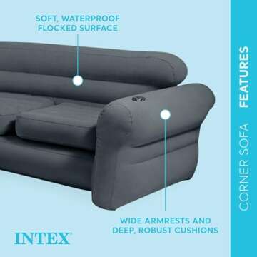 Intex Inflatable Furniture L-Shaped Sectional Corner Couch Indoor Relaxing Sleeper Sofa with Built-In Cupholders and 120V Electric Air Pump, Gray