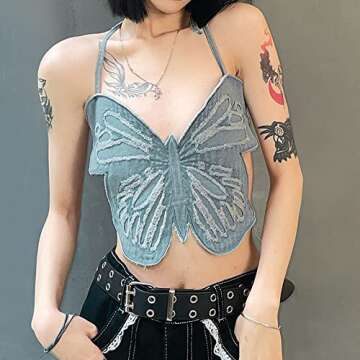 SFBBCLOZ Butterfly Crop Top Denim Crop Top Rave Tops for Women Lace-up Cami Tank Tops Halter Top Lin...