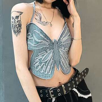 SFBBCLOZ Butterfly Crop Top Denim Crop Top Rave Tops for Women Lace-up Cami Tank Tops Halter Top Lingerie Top for Women Going Out Rave Ourfits for Women Party Clubwear (Blue, L)