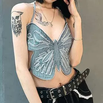 SFBBCLOZ Butterfly Crop Top Denim Crop Top Rave Tops for Women Lace-up Cami Tank Tops Halter Top Lingerie Top for Women Going Out Rave Ourfits for Women Party Clubwear (Blue, L)