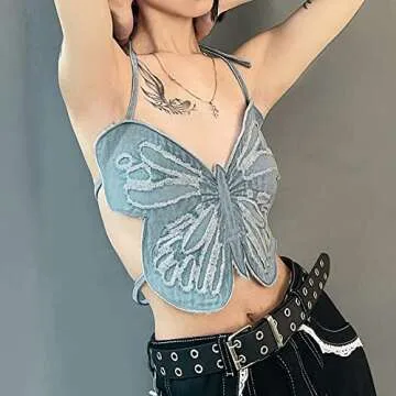 SFBBCLOZ Butterfly Crop Top Denim Crop Top Rave Tops for Women Lace-up Cami Tank Tops Halter Top Lingerie Top for Women Going Out Rave Ourfits for Women Party Clubwear (Blue, L)