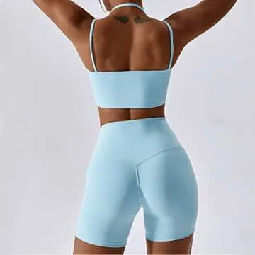IMEKIS Workout Sets for Women 2 Piece Yoga Outfit: Tracksuits High Waisted Running Biker Shorts with Sport Bra Shirt Exercise Clothes Athletic Gym Sets Matching Active Wear B - Blue Small