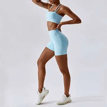 IMEKIS Workout Sets for Women 2 Piece Yoga Outfit: Tracksuits High Waisted Running Biker Shorts with Sport Bra Shirt Exercise Clothes Athletic Gym Sets Matching Active Wear B - Blue Small