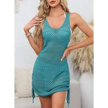 Dokotoo Bathing Suit Cover Ups for Women 2025 Summer Scoop Neck Sleeveless Hollow Out Crochet Knit Ruched Drawstring Bohemian Beach Clothes Tunic Coverup Dress Blue Medium