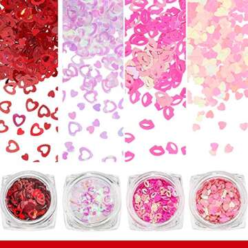 12 Boxes Valentine's Day Nail Glitter Heart Nail Sequins Holographic Red Pink Heart and Hollow Heart Lip Sequins 3D fingernail Laser Flakes for Women Girls Makeup fingernail Decoration(Vivid Color)
