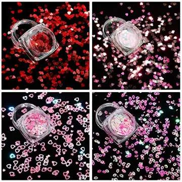 12 Boxes Valentine's Day Nail Glitter Heart Nail Sequins Holographic Red Pink Heart and Hollow Heart Lip Sequins 3D fingernail Laser Flakes for Women Girls Makeup fingernail Decoration(Vivid Color)