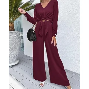 PRETTYGARDEN Women's 2 Piece Outfits V Neck Palazzo Set