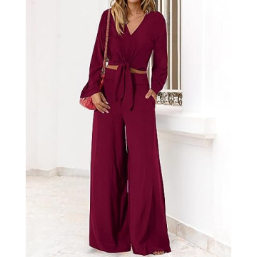 PRETTYGARDEN Women's 2 Piece Outfits V Neck Palazzo Set