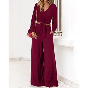 PRETTYGARDEN Women's 2 Piece Outfits V Neck Palazzo Set