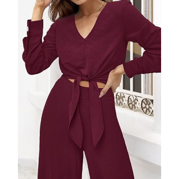 PRETTYGARDEN Women's 2 Piece Outfits V Neck Palazzo Set