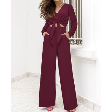 PRETTYGARDEN Women's 2 Piece Outfits V Neck Palazzo Set