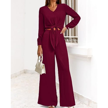 PRETTYGARDEN Women's 2 Piece Outfits V Neck Palazzo Set