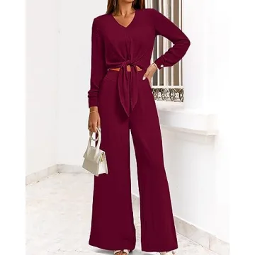 PRETTYGARDEN Women's 2 Piece Outfits V Neck Palazzo Set