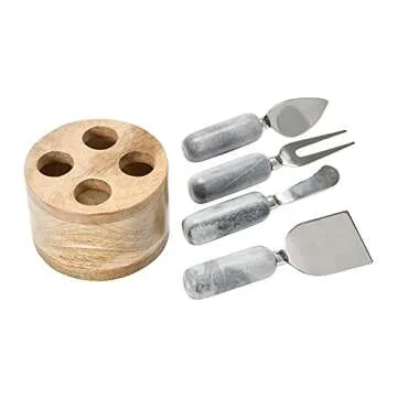 Creative Co-Op Stainless Steel Cheese Servers with Mango Wood Stand Cutlery, Set of 4, Grey & Natural