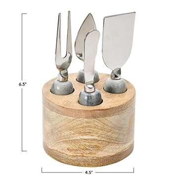 Creative Co-Op Stainless Steel Cheese Servers with Mango Wood Stand Cutlery, Set of 4, Grey & Natural