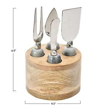 Creative Co-Op Stainless Steel Cheese Servers with Mango Wood Stand Cutlery, Set of 4, Grey & Natural