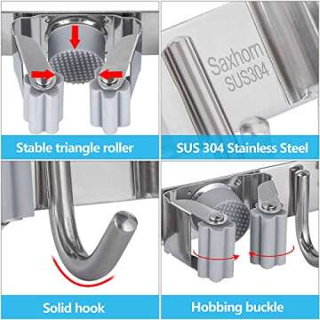 Saxhorn Broom Holder Wall Mount, Mop Holder Organizer Wall Mounted Broom Hanger for Home, Kitchen, Garden, Garage, Laundry Room Organization and Storage(5 Racks 4 Hooks)