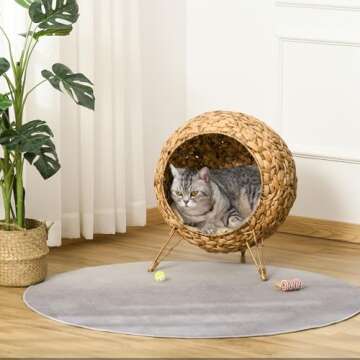 PawHut 20.5" Weaved Cat Bed, Elevated Hand-Woven Braided Banana Leaf Kitten House Condo with Cushion, Natural